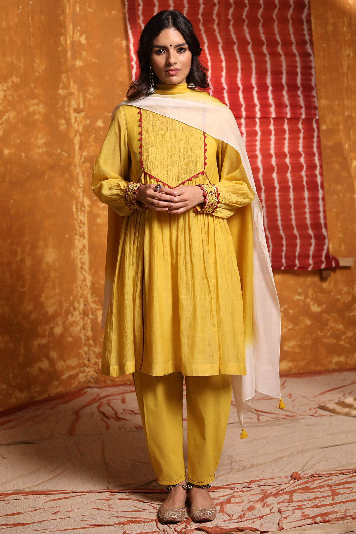 Mustard Handloom Chanderi Embroidered Gathered Short Kurta Set by Shivani Bhargava at Pernia's Pop Up Shop