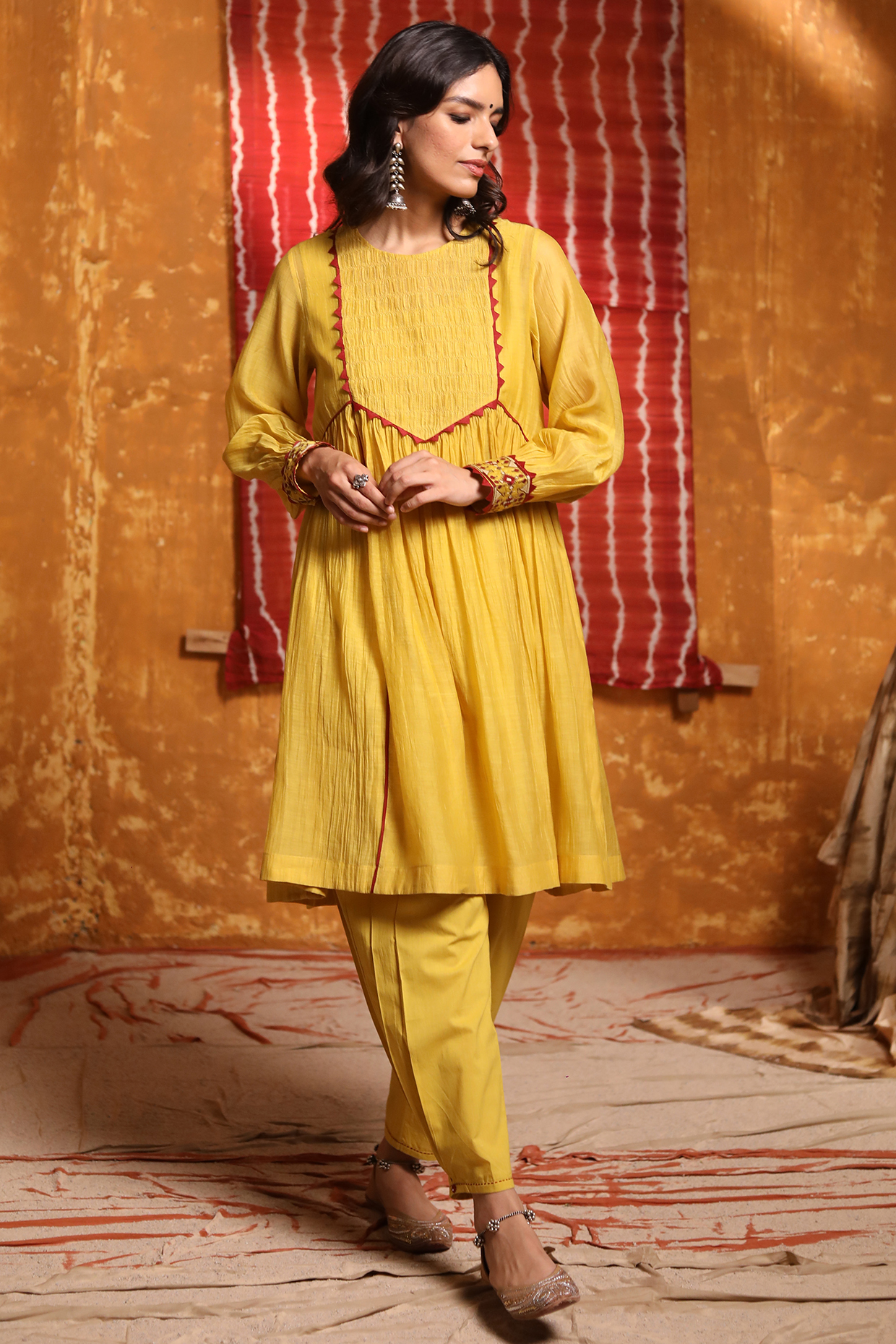 Mustard Handloom Chanderi Embroidered Gathered Short Kurta by Shivani Bhargava at Pernia's Pop Up Shop