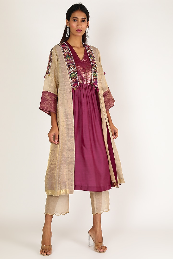 Beige & Wine Embroidered Pant Set by Shivani Bhargava at Pernia's Pop Up Shop