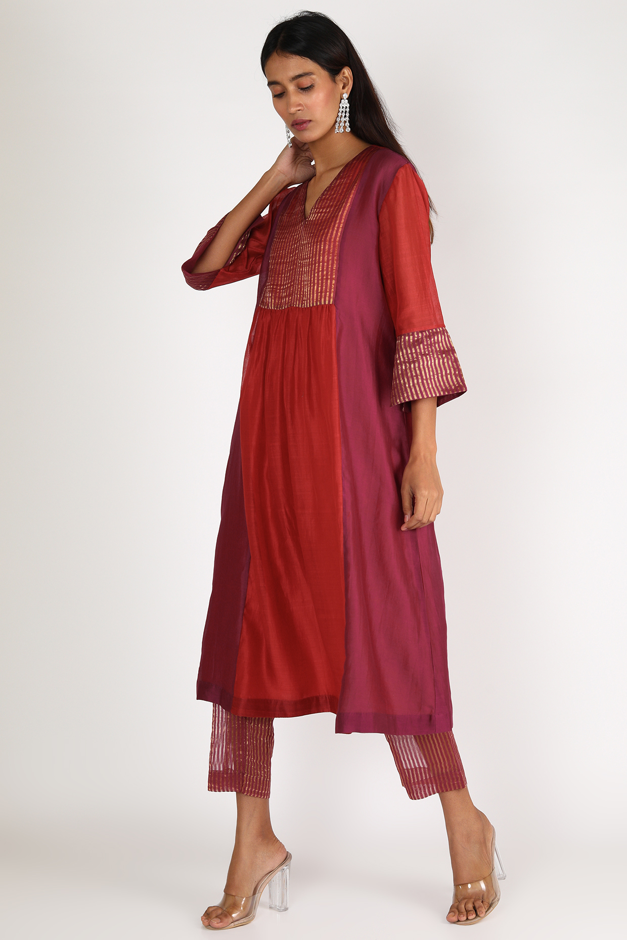 Red & Wine Embroidered Kurta Set by Shivani Bhargava