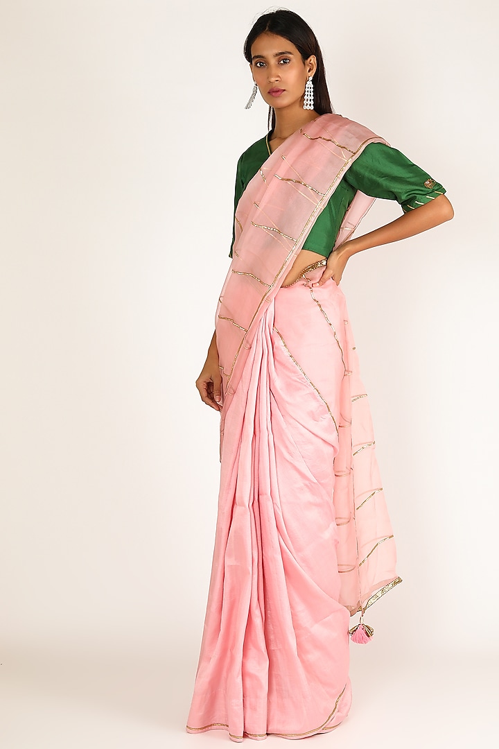 Pink & Emerald Green Embroidered Saree by Shivani Bhargava