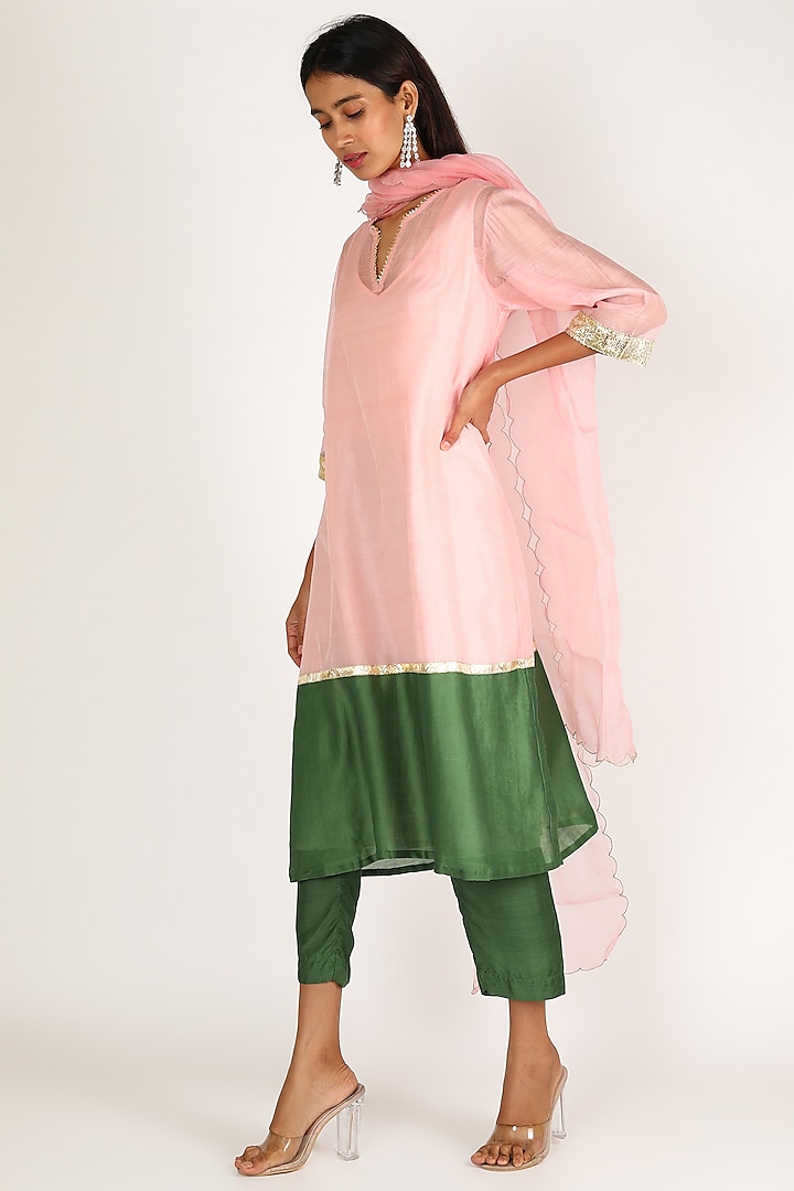 Blush Pink & Emerald Green Embroidered Kurta Set by Shivani Bhargava