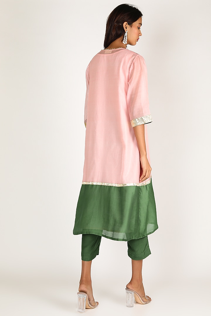 Blush Pink & Emerald Green Embroidered Kurta Set by Shivani Bhargava at Pernia's Pop Up Shop