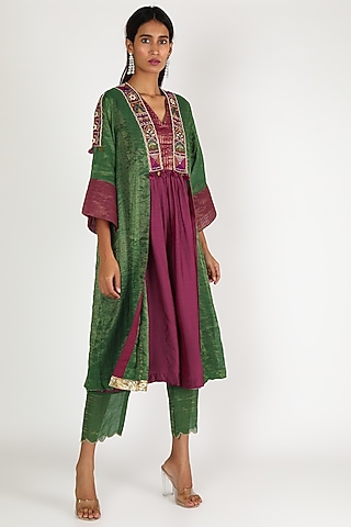Emerald Green Embroidered Jacket Set by Shivani Bhargava