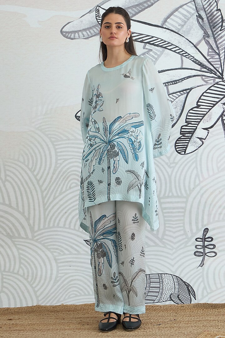 Powder Blue Silk Satin Digital Printed Co-Ord Set by shivani bhargava at Pernia's Pop Up Shop