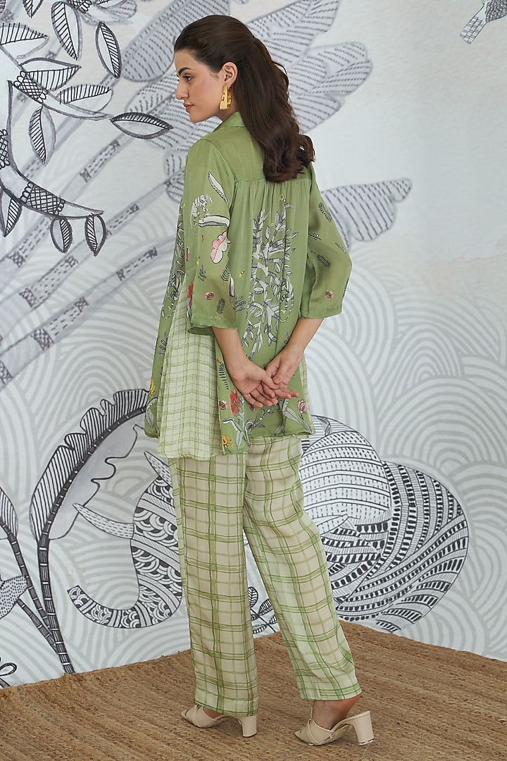 Olive Green Silk Satin Digital Printed Co-Ord Set by shivani bhargava at Pernia's Pop Up Shop