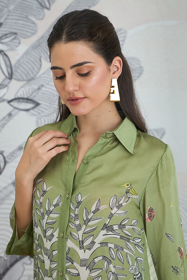 Olive Green Silk Satin Digital Printed Co-Ord Set by shivani bhargava at Pernia's Pop Up Shop