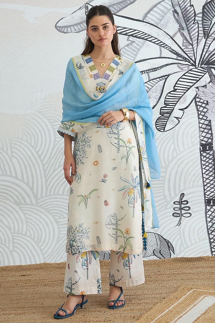 Cream & Blue Cotton Silk Digital Printed Kurta Set by shivani bhargava at Pernia's Pop Up Shop