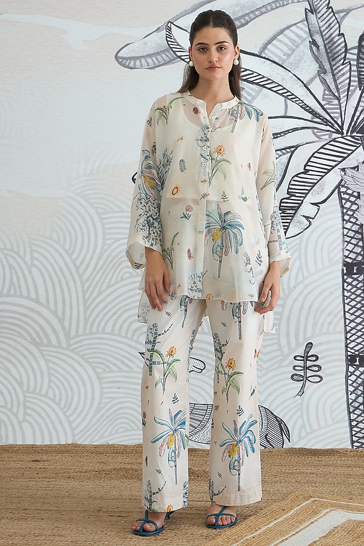 Cream Soft Cotton Silk Digital Printed Co-Ord Set by shivani bhargava at Pernia's Pop Up Shop