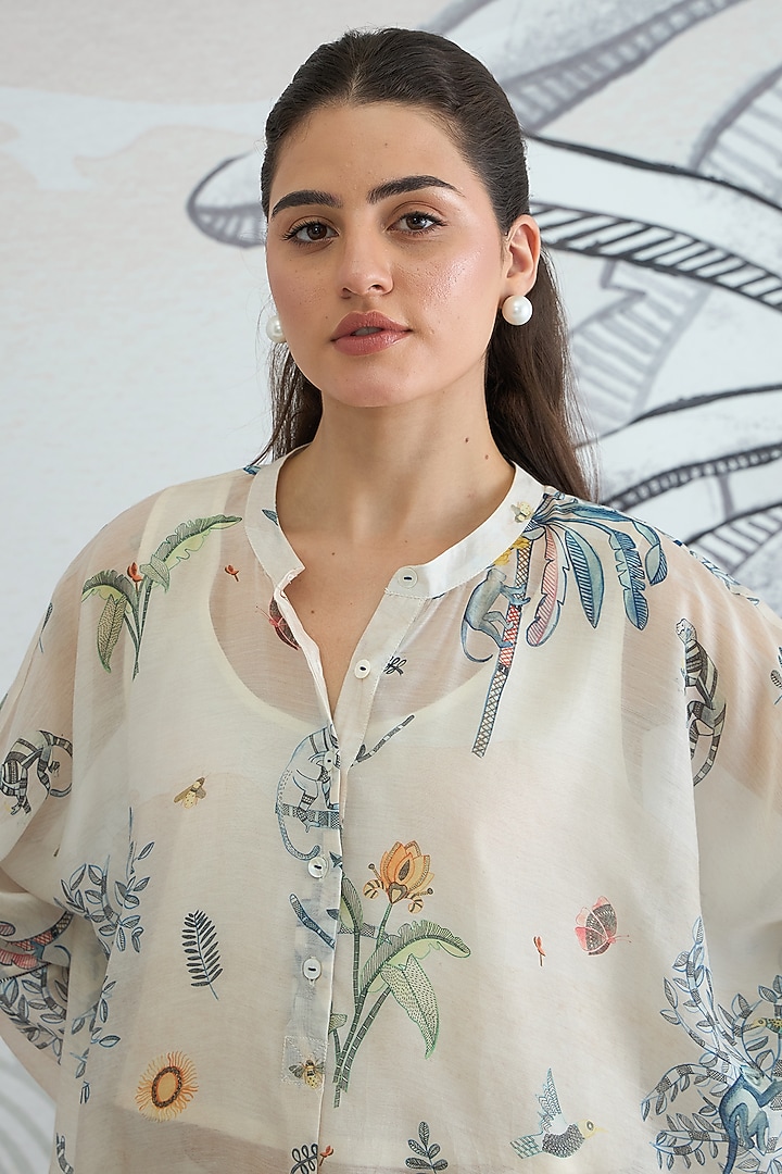 Cream Soft Cotton Silk Digital Printed Co-Ord Set by shivani bhargava at Pernia's Pop Up Shop