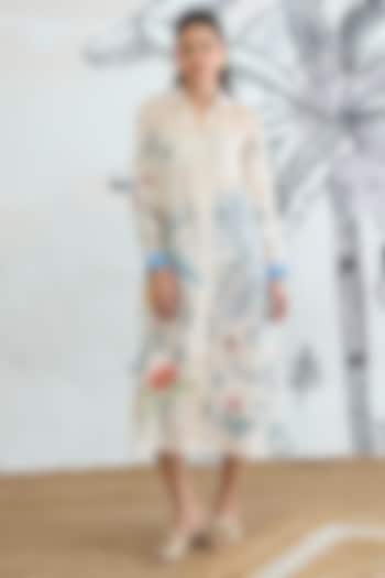Cream Silk Satin Digital Printed Summer Shirt Dress by shivani bhargava at Pernia's Pop Up Shop