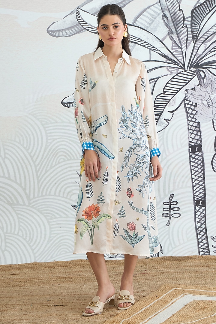 Cream Silk Satin Digital Printed Summer Shirt Dress by shivani bhargava at Pernia's Pop Up Shop