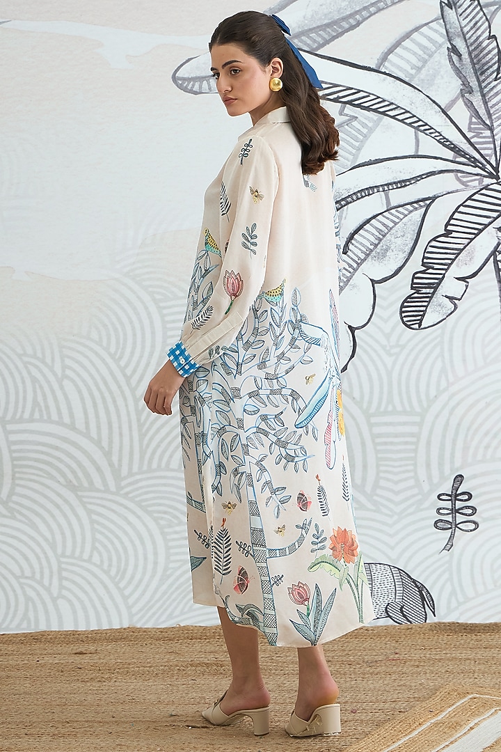 Cream Silk Satin Digital Printed Summer Shirt Dress by shivani bhargava at Pernia's Pop Up Shop