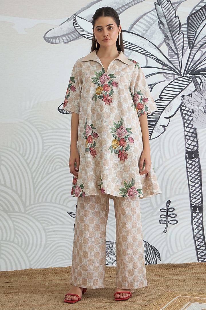 Beige Cotton Floral Digital Printed Tunic Set by shivani bhargava at Pernia's Pop Up Shop