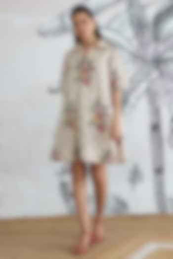 Beige Cotton Floral Digital Printed Mini Summer Dress by shivani bhargava at Pernia's Pop Up Shop