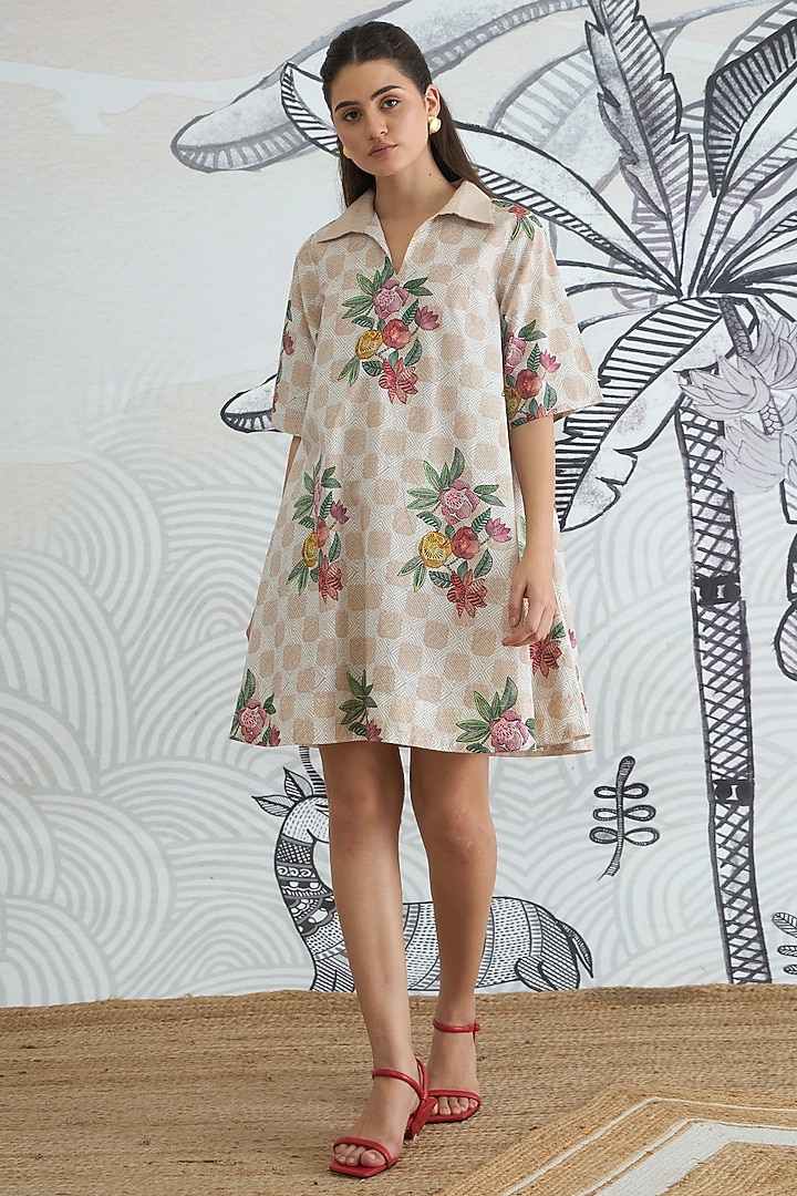 Beige Cotton Floral Digital Printed Mini Summer Dress by shivani bhargava at Pernia's Pop Up Shop