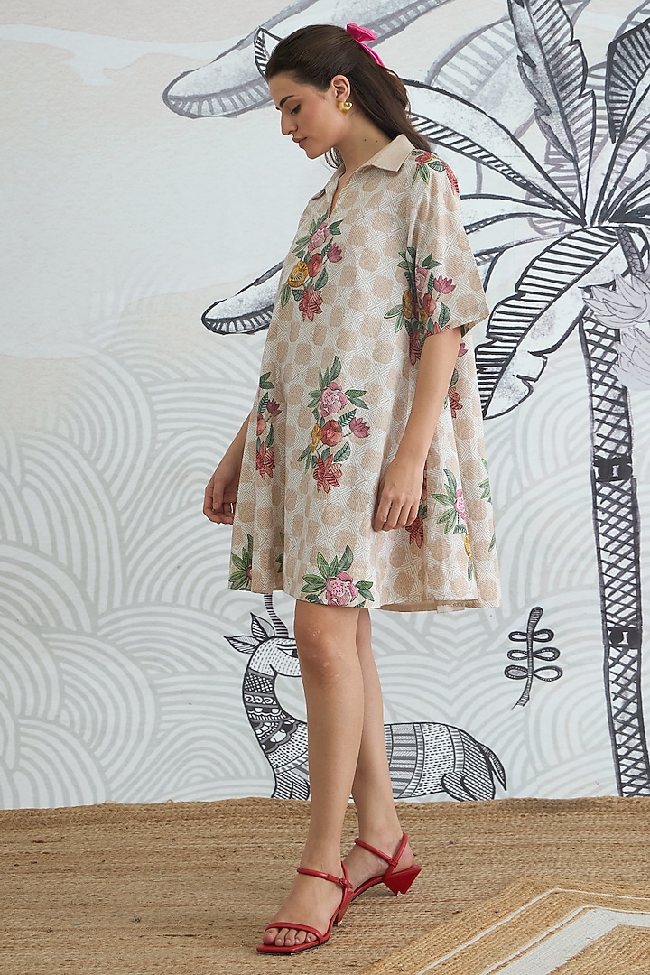 Beige Cotton Floral Digital Printed Mini Summer Dress by shivani bhargava at Pernia's Pop Up Shop