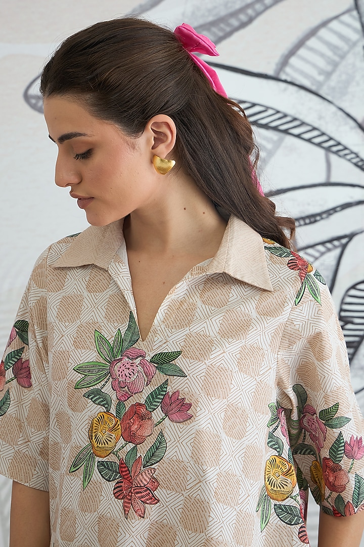 Beige Cotton Floral Digital Printed Mini Summer Dress by shivani bhargava at Pernia's Pop Up Shop