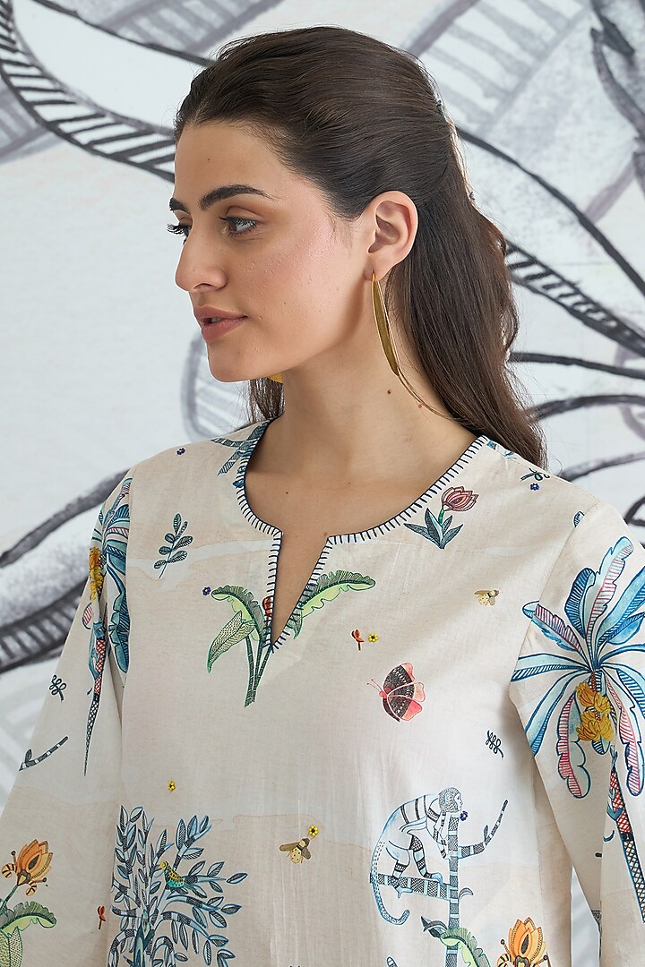 Cream Cotton Digital Printed Co-Ord Set by shivani bhargava at Pernia's Pop Up Shop