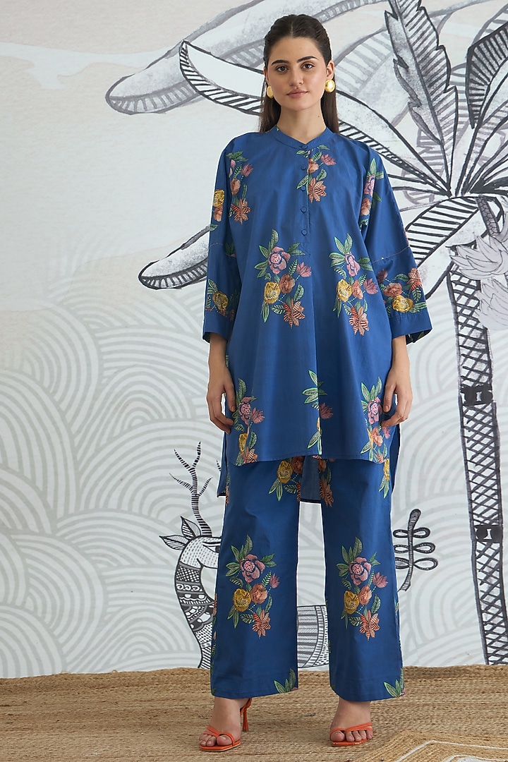 Blue Cotton Floral Digital Printed Co-Ord Set by shivani bhargava at Pernia's Pop Up Shop