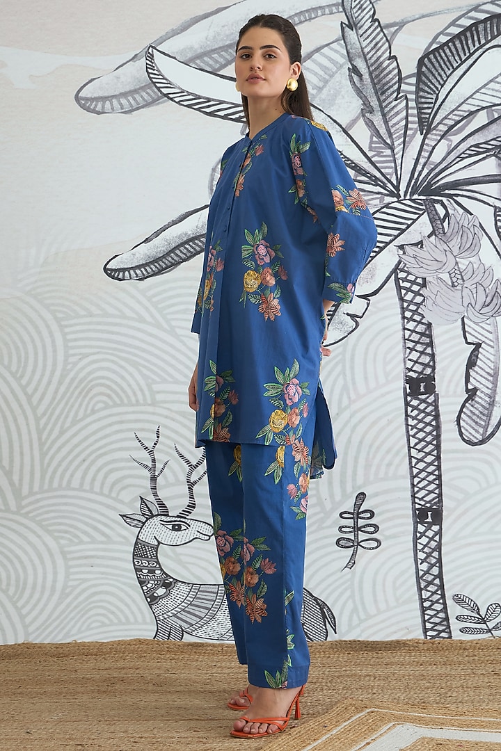 Blue Cotton Floral Digital Printed Co-Ord Set by shivani bhargava at Pernia's Pop Up Shop