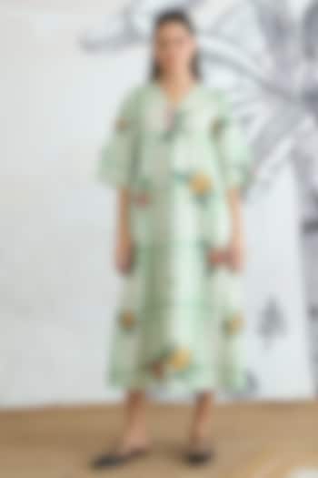 Green Cotton Digital Printed A-Line Midi Summer Dress by shivani bhargava at Pernia's Pop Up Shop