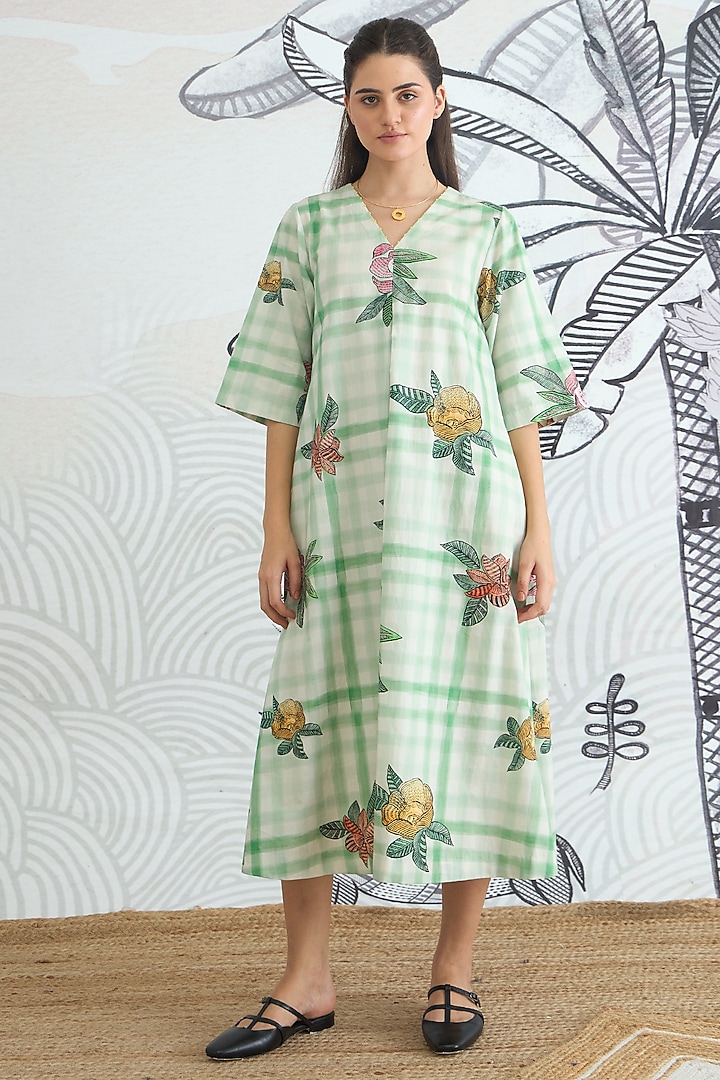 Green Cotton Digital Printed A-Line Midi Summer Dress by shivani bhargava at Pernia's Pop Up Shop