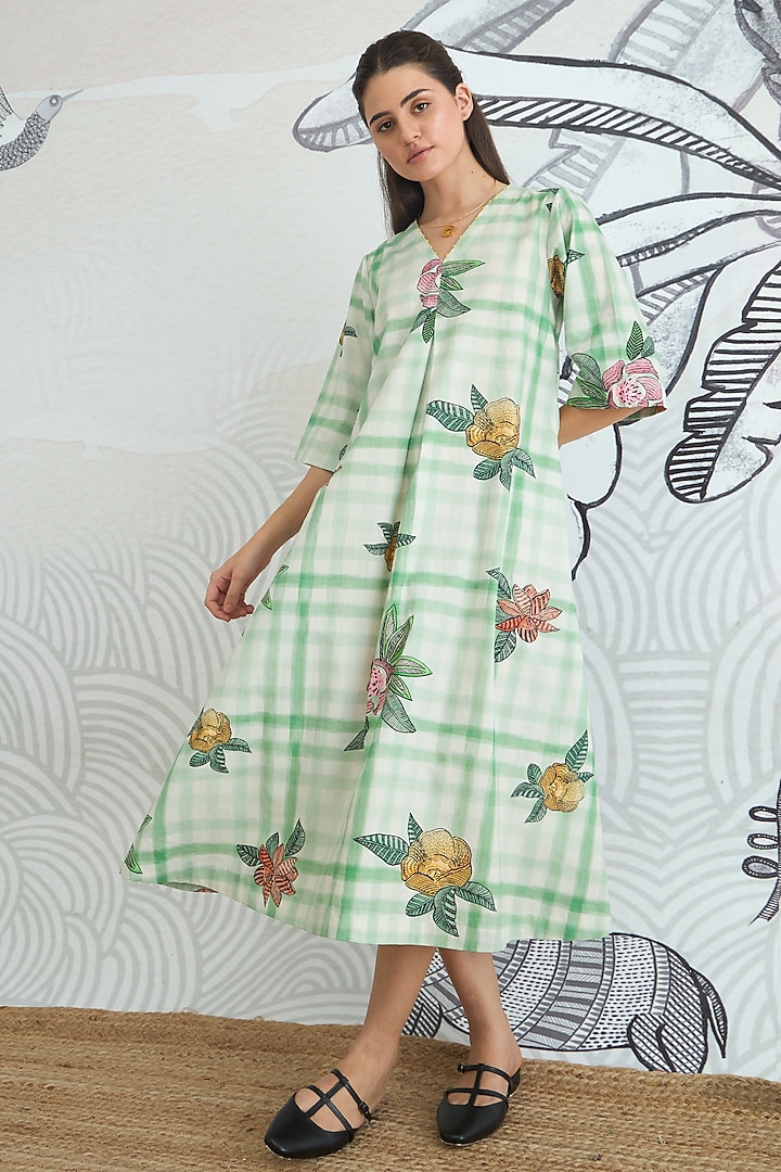 Green Cotton Digital Printed A-Line Midi Summer Dress by shivani bhargava at Pernia's Pop Up Shop