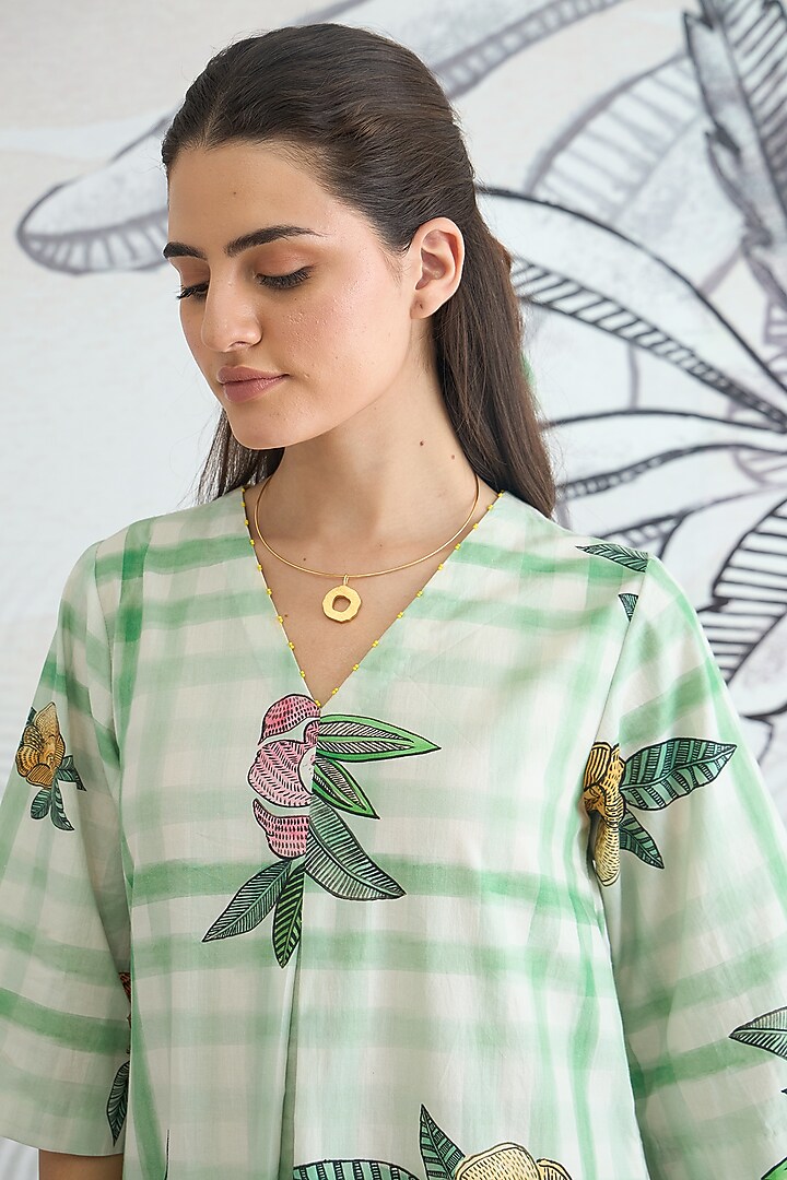 Green Cotton Digital Printed A-Line Midi Summer Dress by shivani bhargava at Pernia's Pop Up Shop