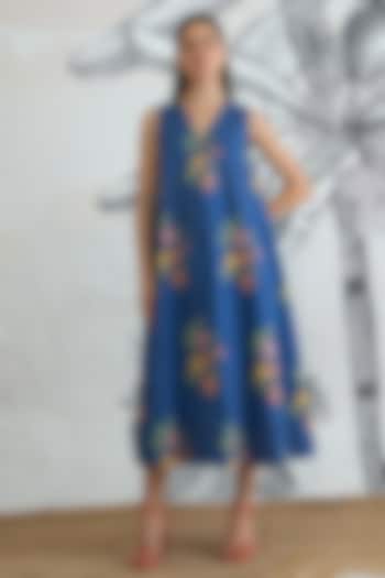 Blue Cotton Digital Printed A-Line Midi Summer Dress by shivani bhargava at Pernia's Pop Up Shop