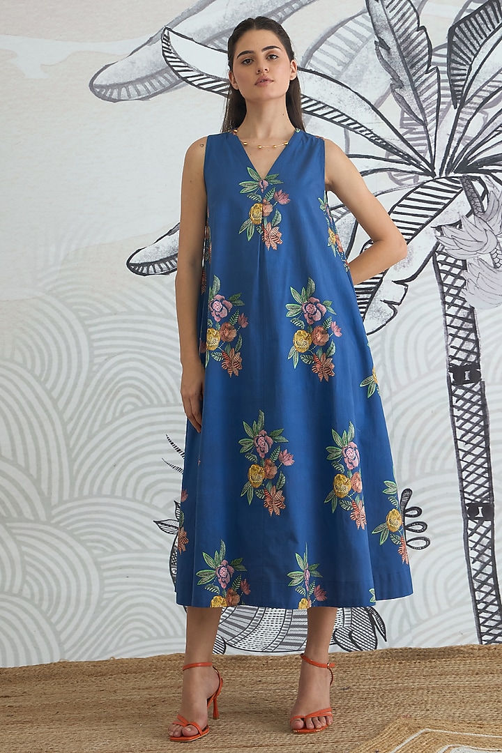 Blue Cotton Digital Printed A-Line Midi Summer Dress by shivani bhargava at Pernia's Pop Up Shop