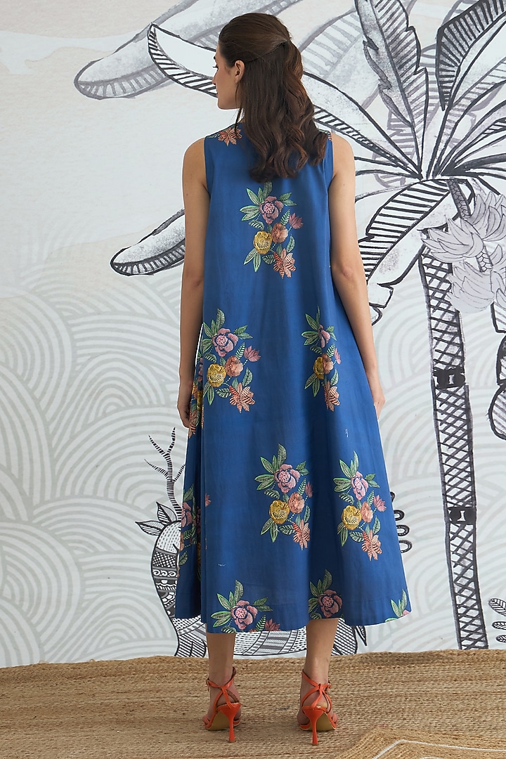 Blue Cotton Digital Printed A-Line Midi Summer Dress by shivani bhargava at Pernia's Pop Up Shop