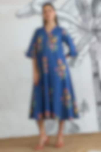 Blue Cotton Floral Digital Printed A-Line Midi Summer Dress by shivani bhargava at Pernia's Pop Up Shop