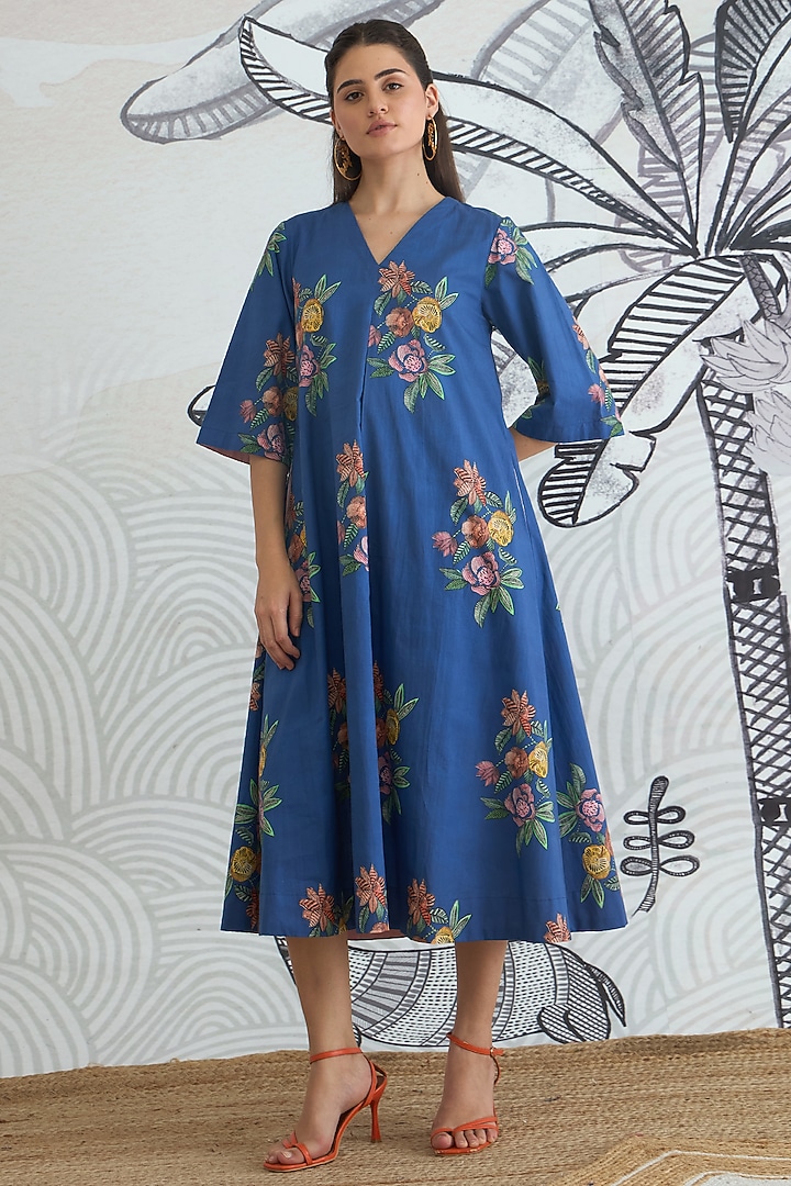 Blue Cotton Floral Digital Printed A-Line Midi Summer Dress by shivani bhargava at Pernia's Pop Up Shop