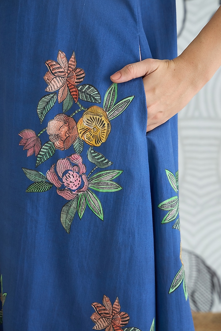 Blue Cotton Floral Digital Printed A-Line Midi Summer Dress by shivani bhargava at Pernia's Pop Up Shop