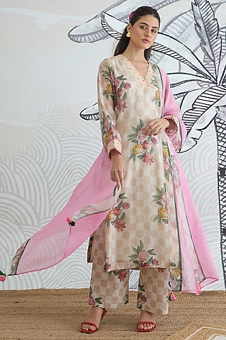 Beige & Pink Chanderi Floral Digital Printed Kurta Set by shivani bhargava