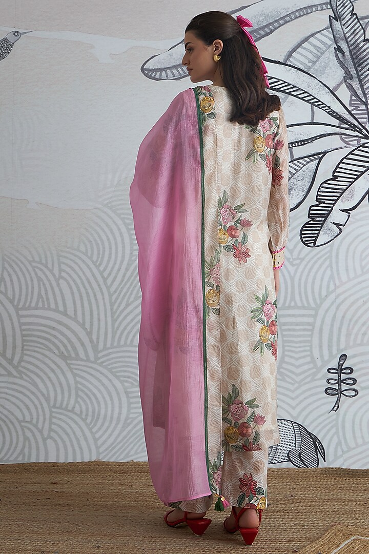 Beige & Pink Chanderi Floral Digital Printed Kurta Set by shivani bhargava at Pernia's Pop Up Shop