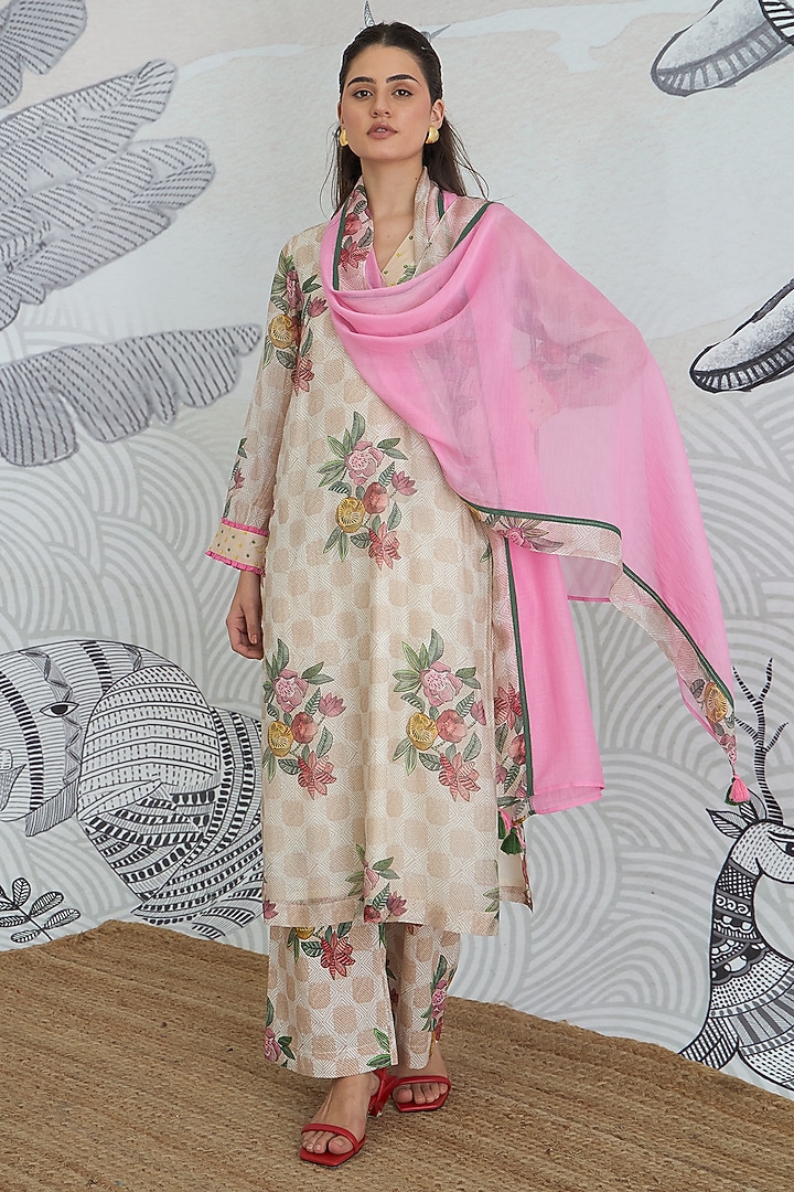 Beige & Pink Chanderi Floral Digital Printed Kurta Set by shivani bhargava at Pernia's Pop Up Shop