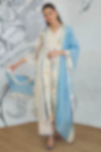 Cream & Blue Chanderi Floral Digital Printed Party Wear Anarkali Set by shivani bhargava at Pernia's Pop Up Shop