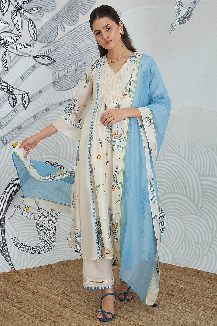 Cream & Blue Chanderi Floral Digital Printed Party Wear Anarkali Set by shivani bhargava at Pernia's Pop Up Shop