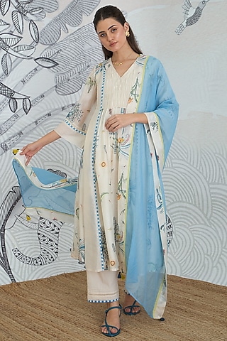 Cream & Blue Chanderi Floral Digital Printed Anarkali Set by shivani bhargava