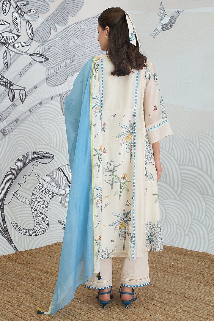 Cream & Blue Chanderi Floral Digital Printed Party Wear Anarkali Set by shivani bhargava at Pernia's Pop Up Shop
