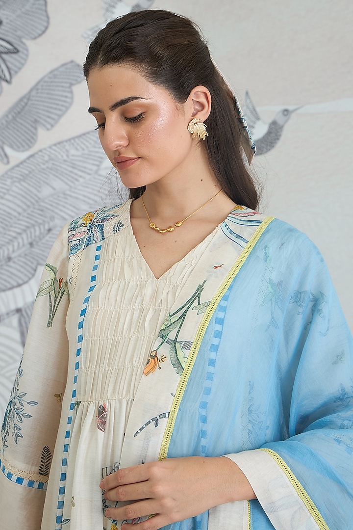 Cream & Blue Chanderi Floral Digital Printed Party Wear Anarkali Set by shivani bhargava at Pernia's Pop Up Shop