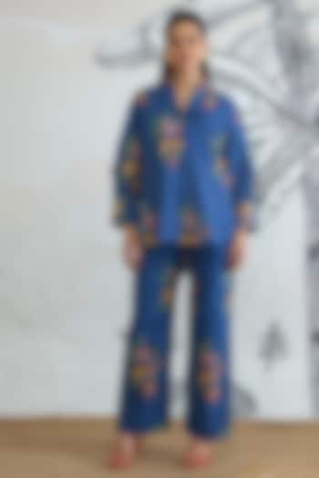 Blue Cotton Floral Digital Printed Co-Ord Set by shivani bhargava at Pernia's Pop Up Shop