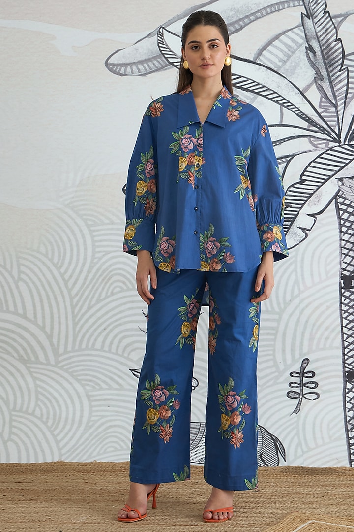 Blue Cotton Floral Digital Printed Co-Ord Set by shivani bhargava at Pernia's Pop Up Shop