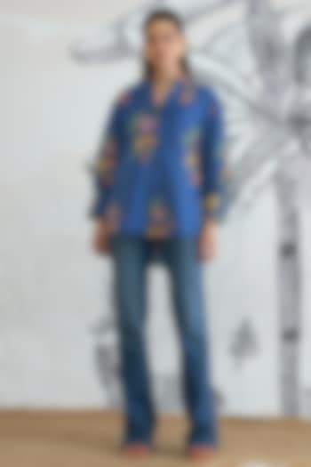 Blue Cotton Floral Digital Printed Shirt by shivani bhargava at Pernia's Pop Up Shop