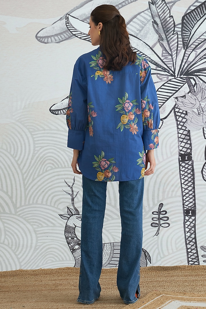 Blue Cotton Floral Digital Printed Shirt by shivani bhargava at Pernia's Pop Up Shop