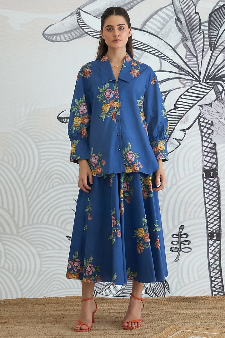 Blue Cotton Floral Digital Printed Co-Ord Set by shivani bhargava at Pernia's Pop Up Shop