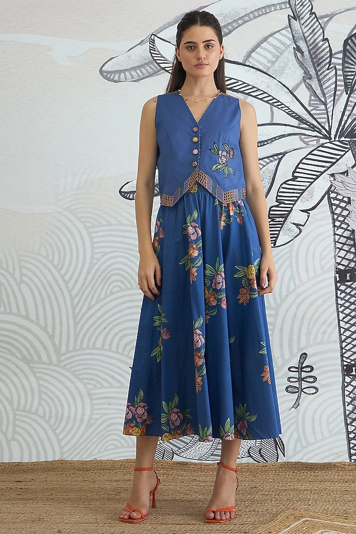 Blue Cotton Floral Digital Printed Co-Ord Set by shivani bhargava at Pernia's Pop Up Shop
