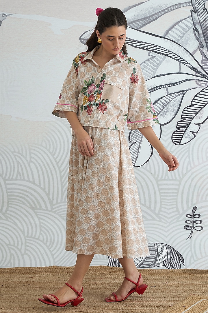 Beige & Off-White Pure Egyptian Cotton Digital Printed Co-Ord Set by shivani bhargava at Pernia's Pop Up Shop